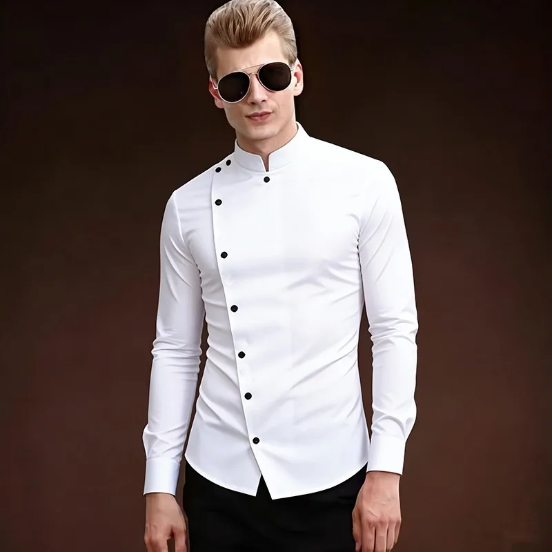 

Men's Manin Collar Diagonal Button Dress Shirt Slim Fit Long Sleeve Formal Business Casual Shirt