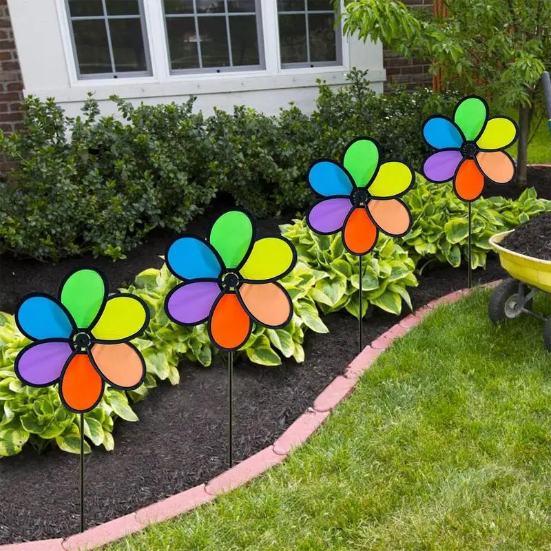 Windmill For Yard Rainbow Flower Garden Spinners 360 Rotating Pinwheel Whimsical Lawn Ornament For Fairy Garden Accessories Kids