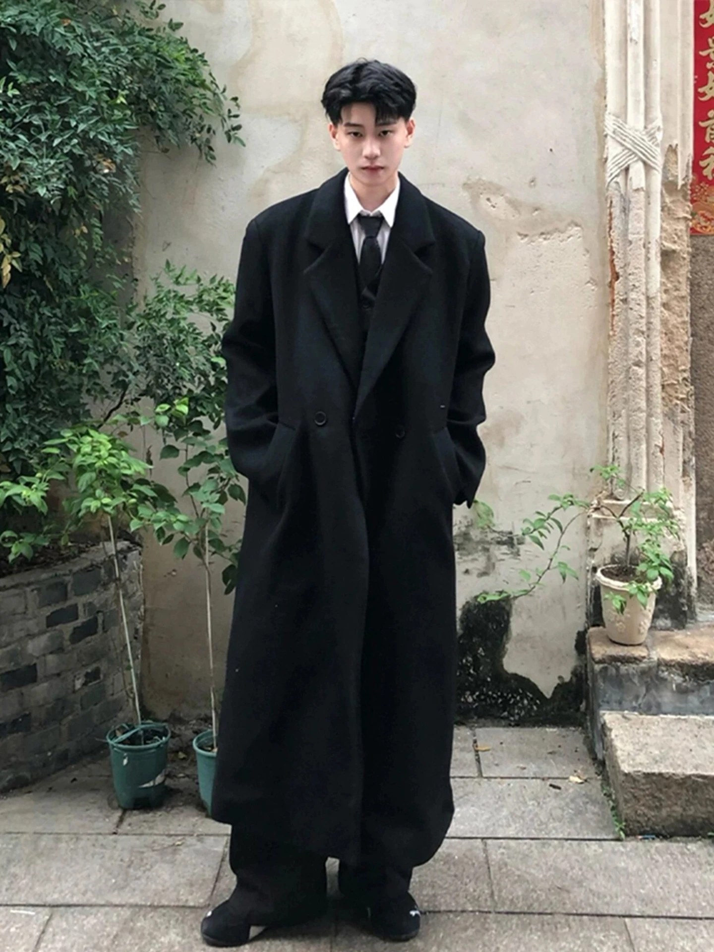 

Ele Long Over-Knee Men's Woolen Coat Bla oulder Pad Suit Jaet Korean Sle Versatile Mid-Length Pants Windbreaker