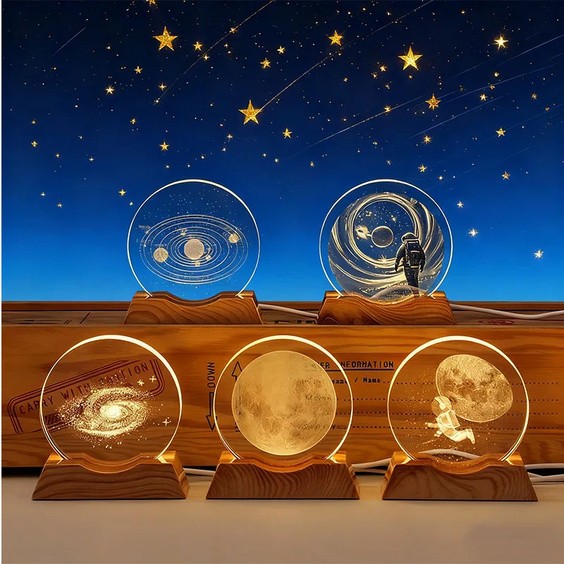 

8 см светодиодная стеклянная лампа с голограммой и основанием из массива дерева, USB-питание, хрустальный шар, лампа для домашнего декора, подарок, настольная лампа с теплым светом