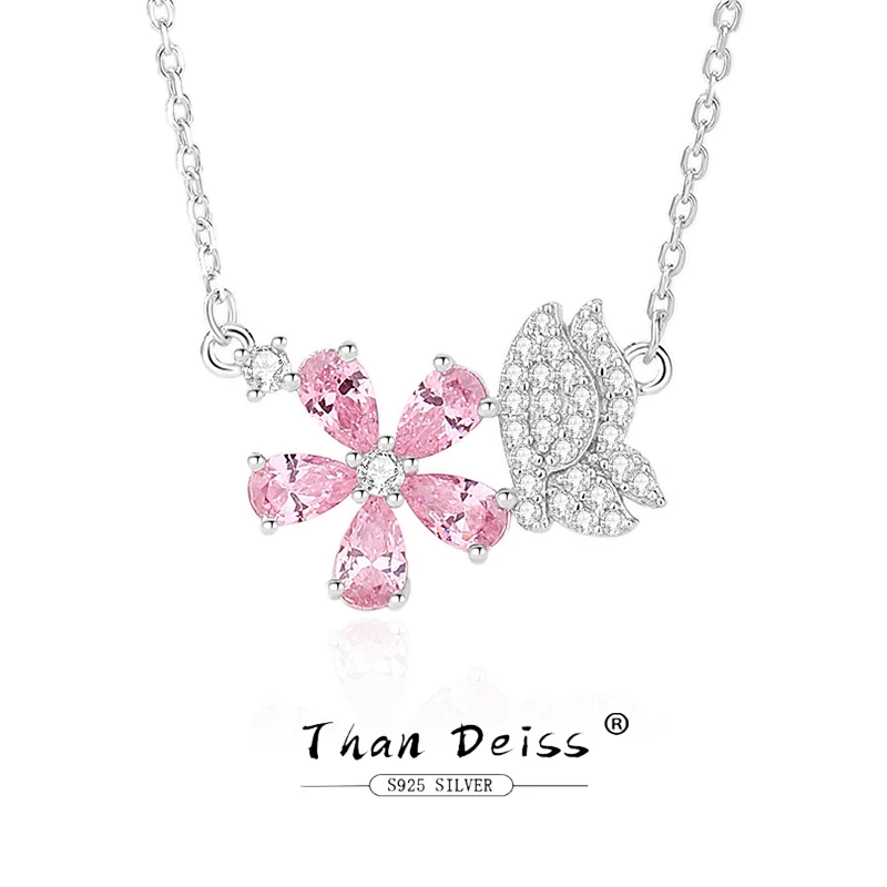 

Original Butterfly Kiss Flower Necklace For Female S925 Sterling Silver Pink Peach Blossom Zircon 45cm Chain Simplicity Jewelry