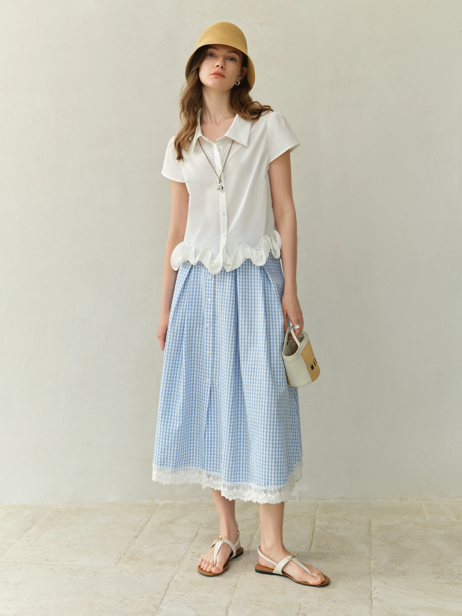 DUSHU Gonna a quadretti blu e bianca taglie forti - Nuovo arrivo estivo 2025 Chic alla moda e versatile per le donne 25DS82445