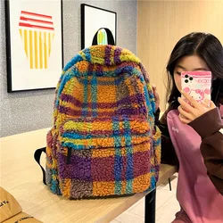 Fashion Backpack For Women New Winter Lamb Wool Backpack Plaid Teenager Girls School Book Bags Female Backpack