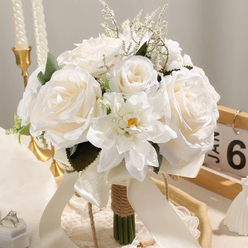 

1PC Rose Wedding Bouquets for Bride Bridesmaid Artificial Roses Flowers Party Decoration Rural Wedding Tossing Bouquet