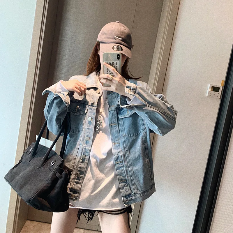 2022 Spring Autumn Denim Jacket Women New Fashion Ripped Loose Jeans Jacket Retro Harajuku BF Style Embroidered Letter Coat