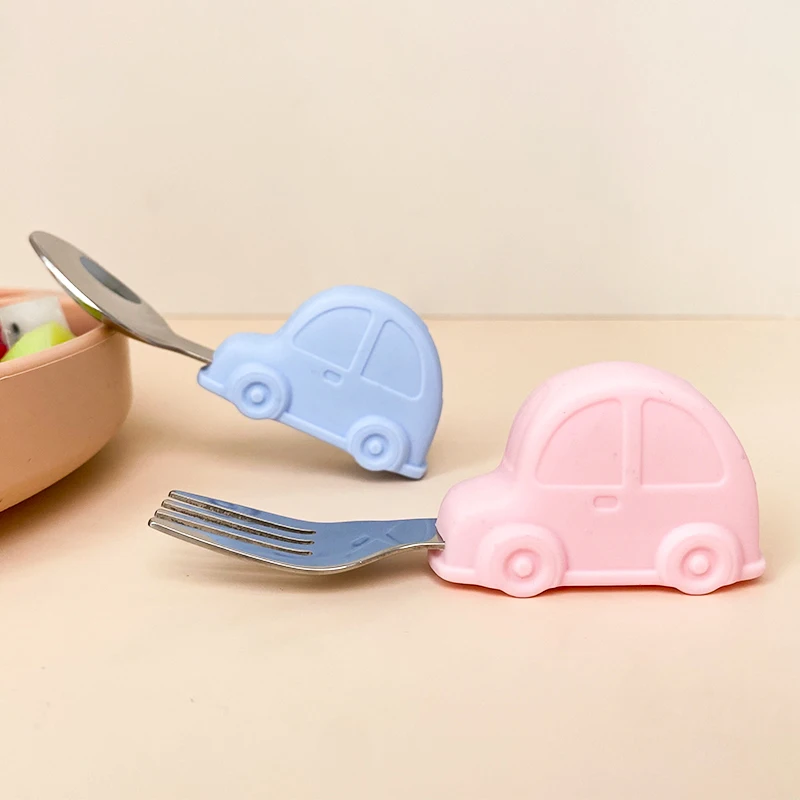 

Baby Automobile Shape Silicone Spoon And Fork Stainless Steel Baby Feeding Spoon