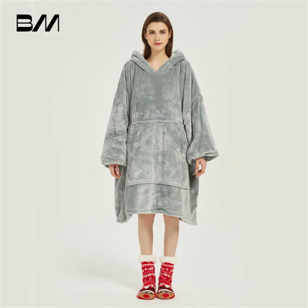 Hoodies Plaid Pullover Hooded Blanket With Sleeve Winter Fleece Oversized Big Sweatshirt For Women Solid Color Various Colors