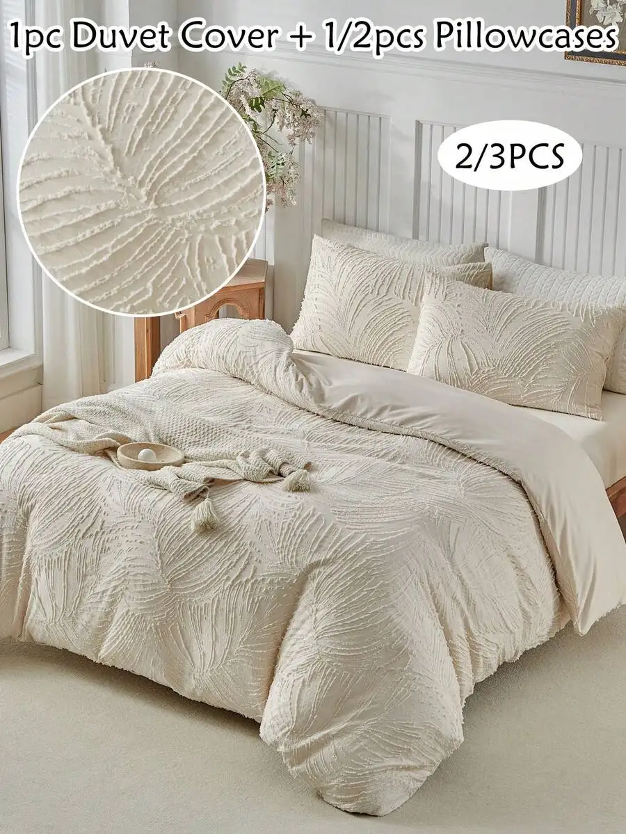 

1 шт. пододеяльник + 1/2 шт. наволочки, комплект постельного белья с текстурным жаккардовым узором в виде листьев, мягкая дышащая хлопковая смесовая ткань