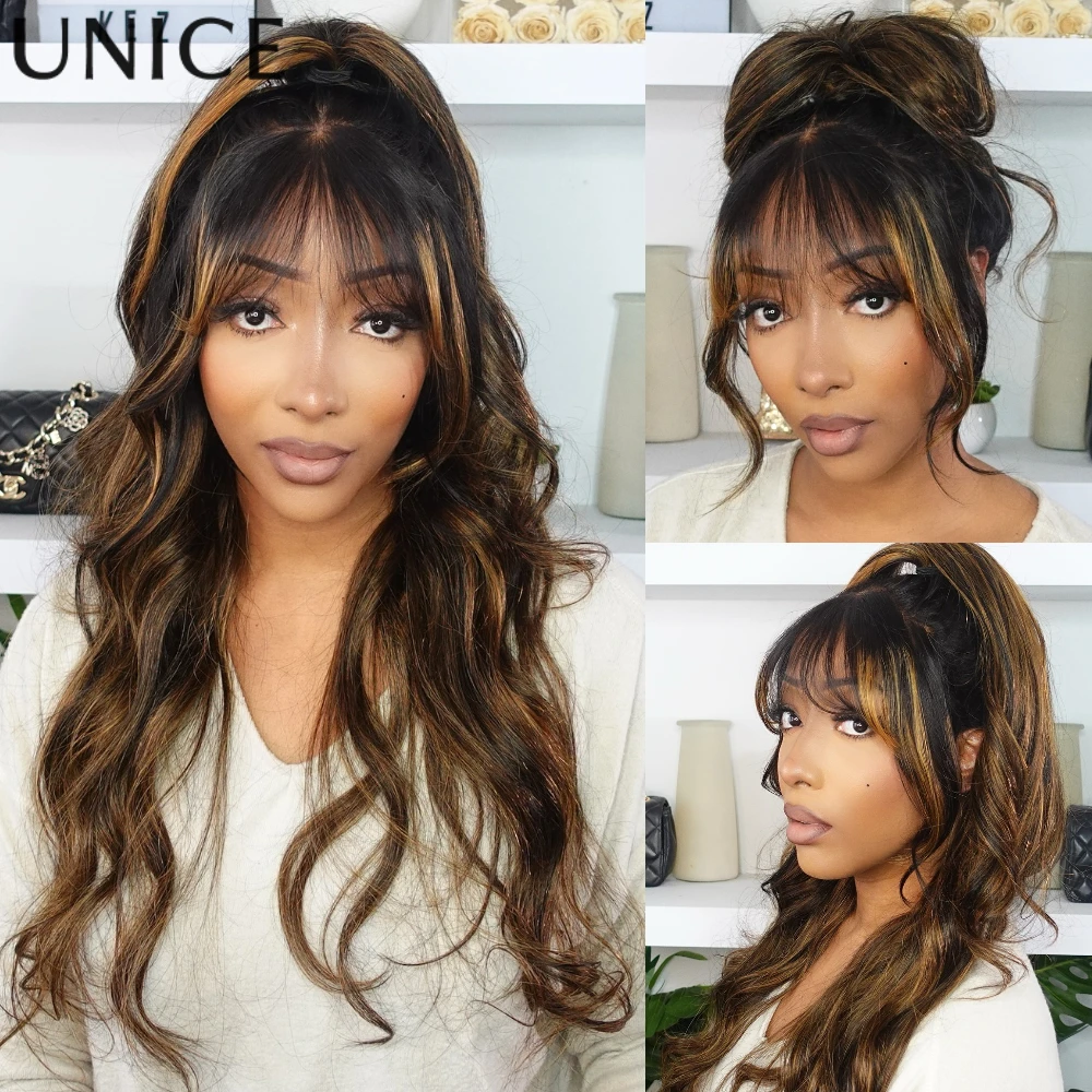 Wig Rambut Asli UNICE Hair Balayage Highlights Fluffy Loose Wave Dengan Poni Tirai 7x5 13x4 Lace Front Dengan Tali Serut