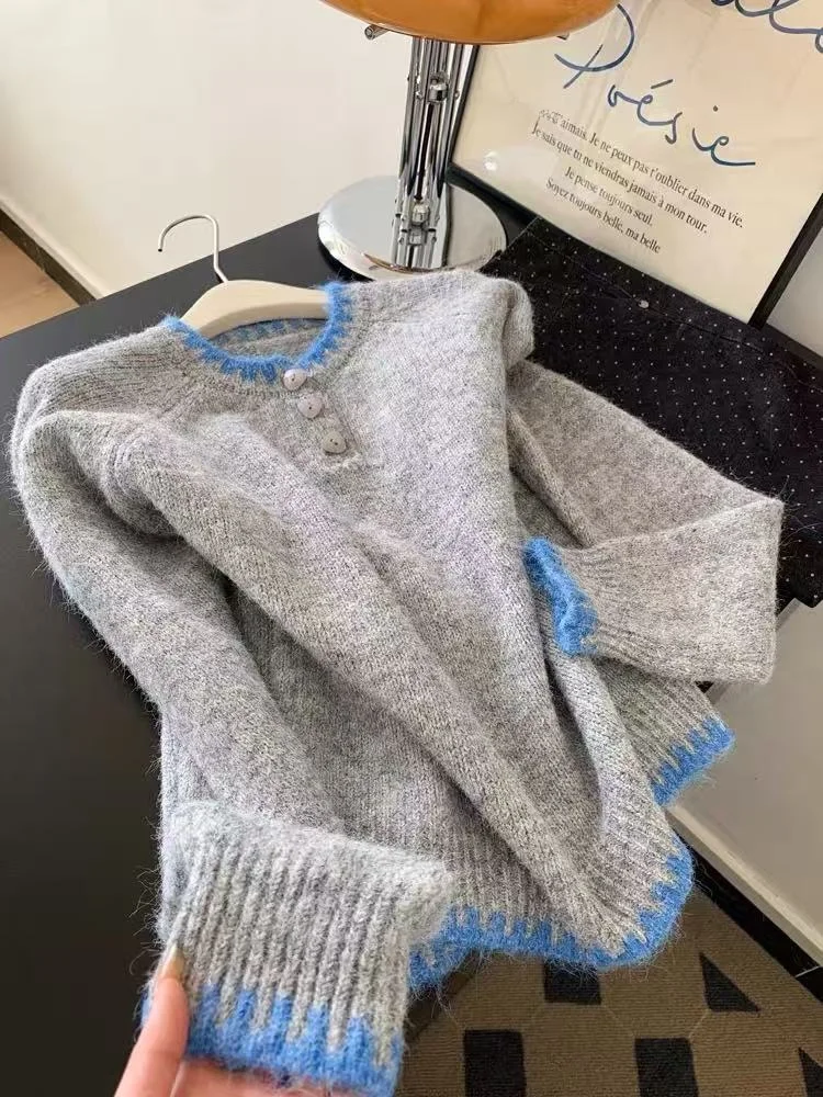 

Korean Sle Color Blo Long Sve Knitted Sweater Women Winter New Loose Outerwear Inner Match Warmth Top f Open Collar