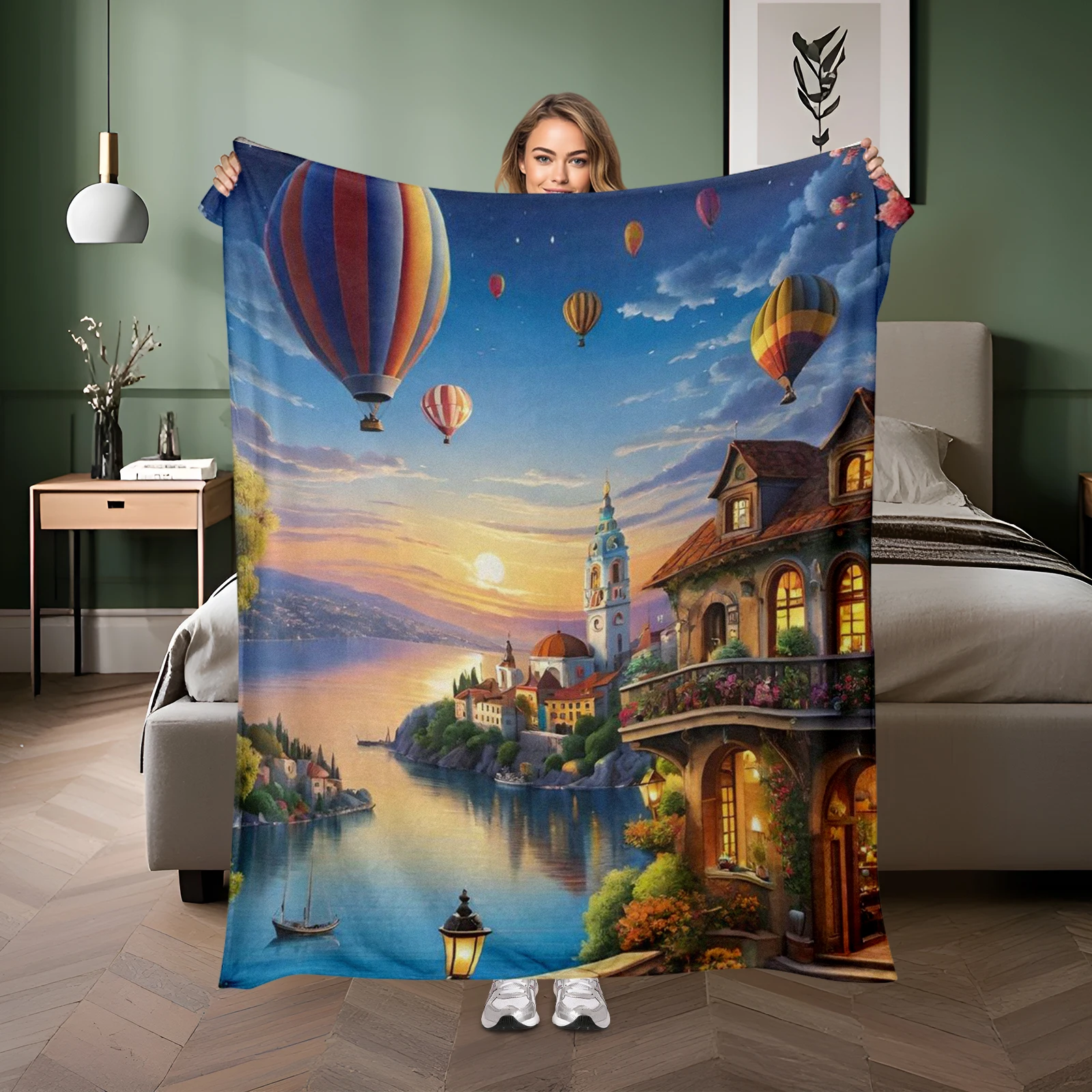 Cartoon Depiction Of River Cottage And Hot Air Balloons Makes This Blanket Ideal Gift