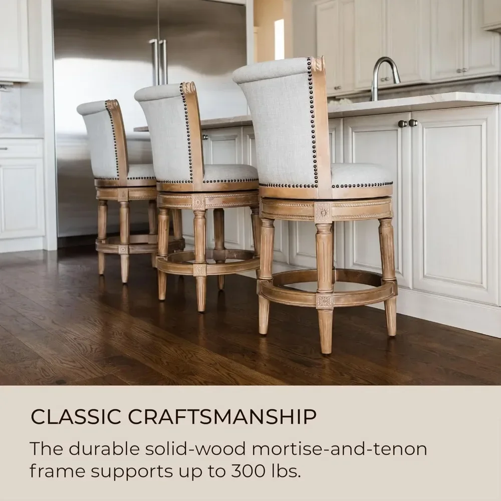 Tall Counter Height Upholstered Barstool with Back in Weathered Oak Finish with Sand Color Fabric Cushion Seat, Set of 4