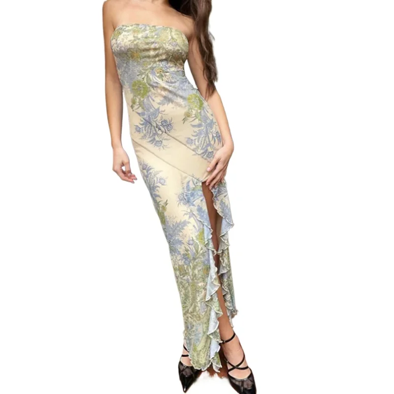 

Retro Sexy Strapless Print Flowers Ruffles Long Dress Light Green