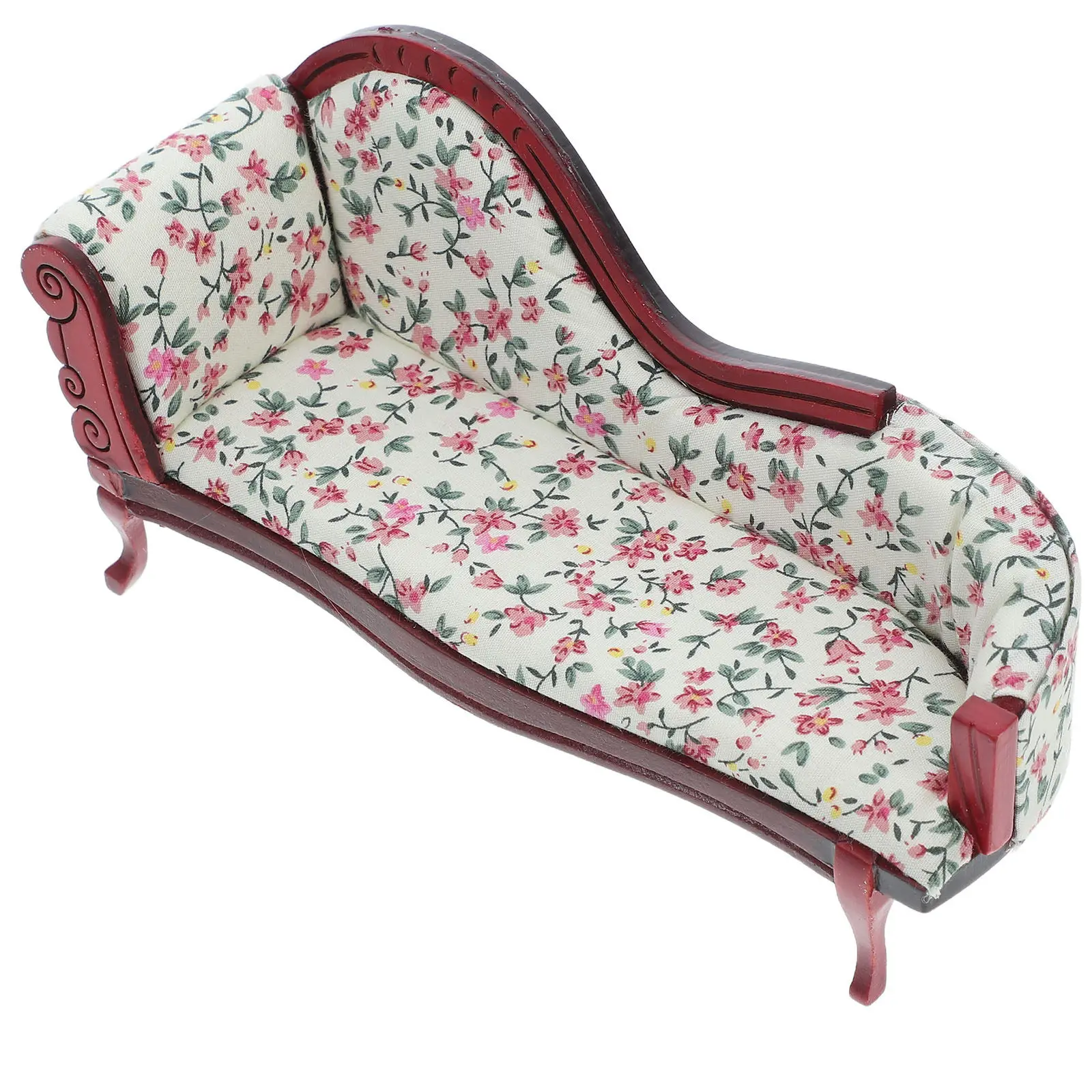 

1:12 Scale Miniature Chaise Lounge Vintage Floral Upholstered Sofa Wood Frame Dollhouse Living Room Furniture Mini Wood Chaise