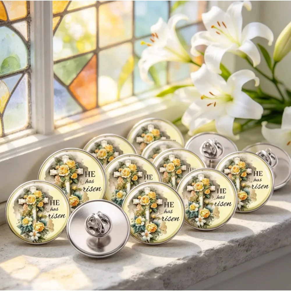 6-20Pcs 2D Flat Easter Cross Flower Brooch, He Has Risen Vintage Watercolor Stainless Steel Lapel Pin, Religious Souvenir Gift