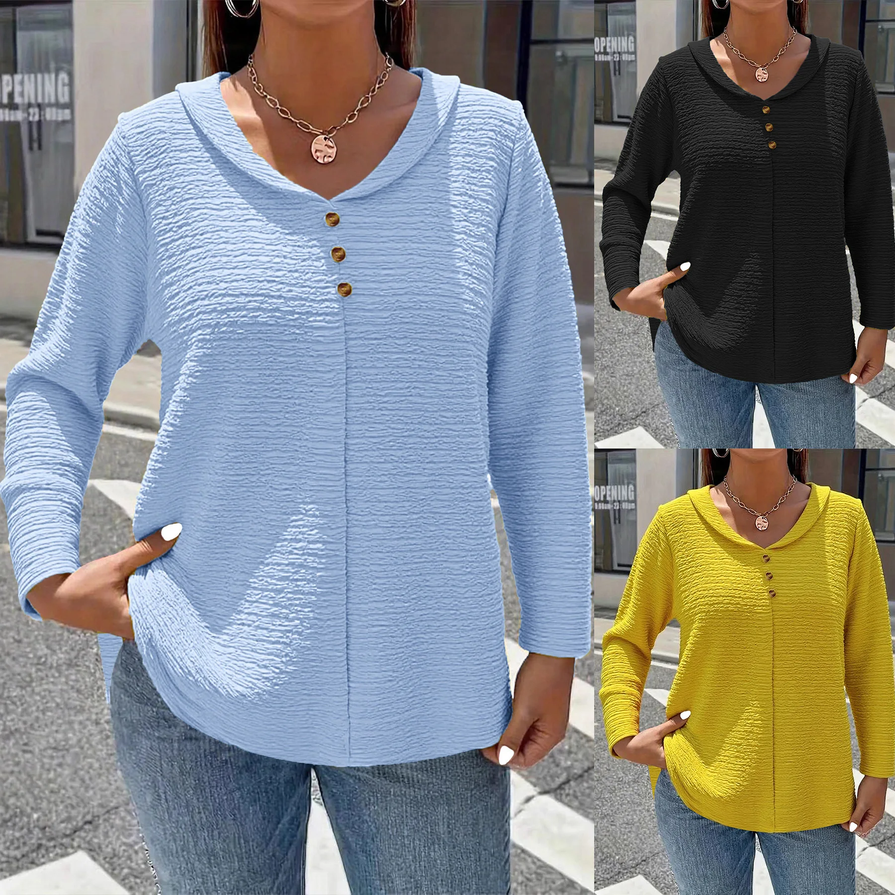 حجم كبير المرأة بلون زر متابعة طويلة الأكمام أنيقة عادية لصق تي شيرت موضة الخريف الملابس المتضخم 2025 جديد #1
