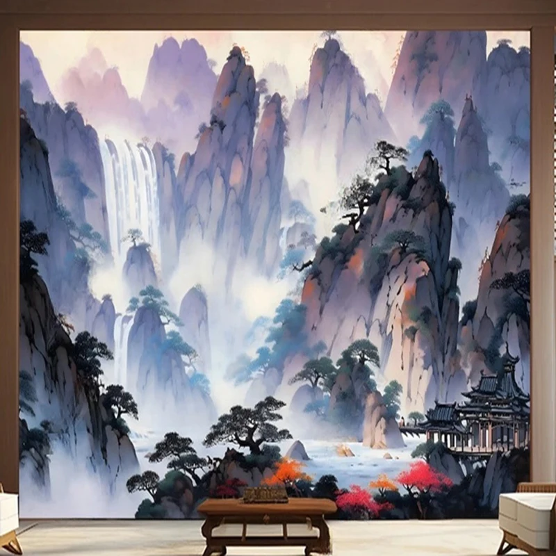 Chinese Style Wallpaper Custom Photo Mural Hand-painted Oil Painting Art Landscape Mountains Waterfall Scenery Background 3D