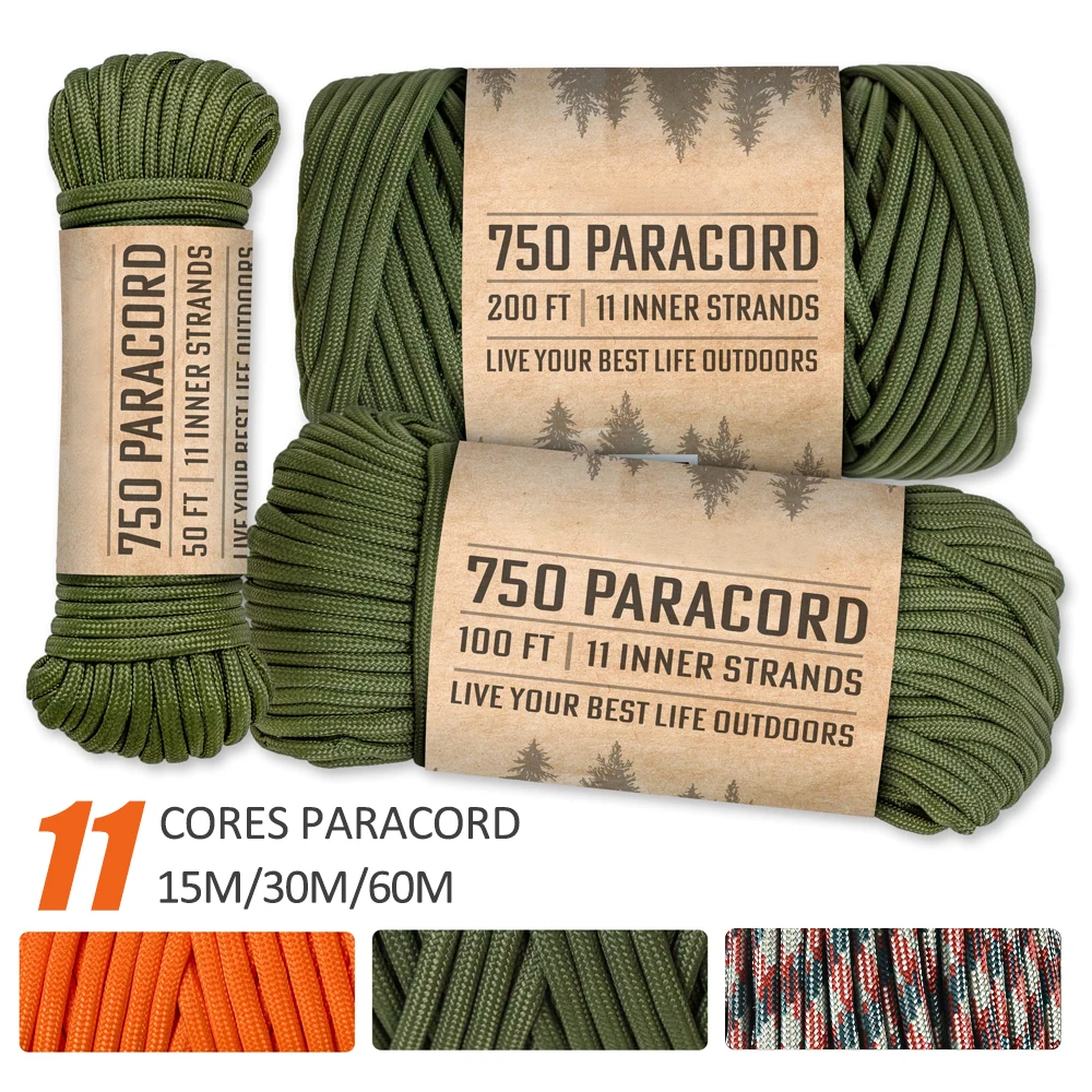 Paracord de 15/30/60m, 750lb, 11 núcleos, 4mm, cuerda de Paracord resistente, accesorios de acampada, cuerda tejida DIY, equipo de supervivencia al