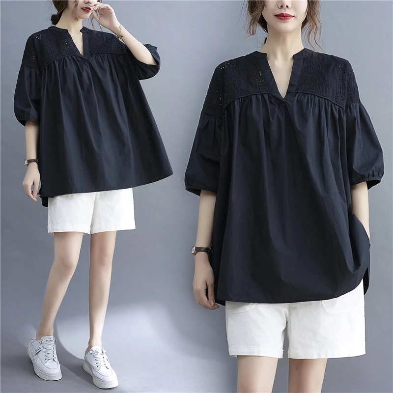 

Вышитый лоскутный ажурный свободный v-образный вырез кукла irt женский летний повседневный топ больших размеров из смеси хлопка прямого кроя