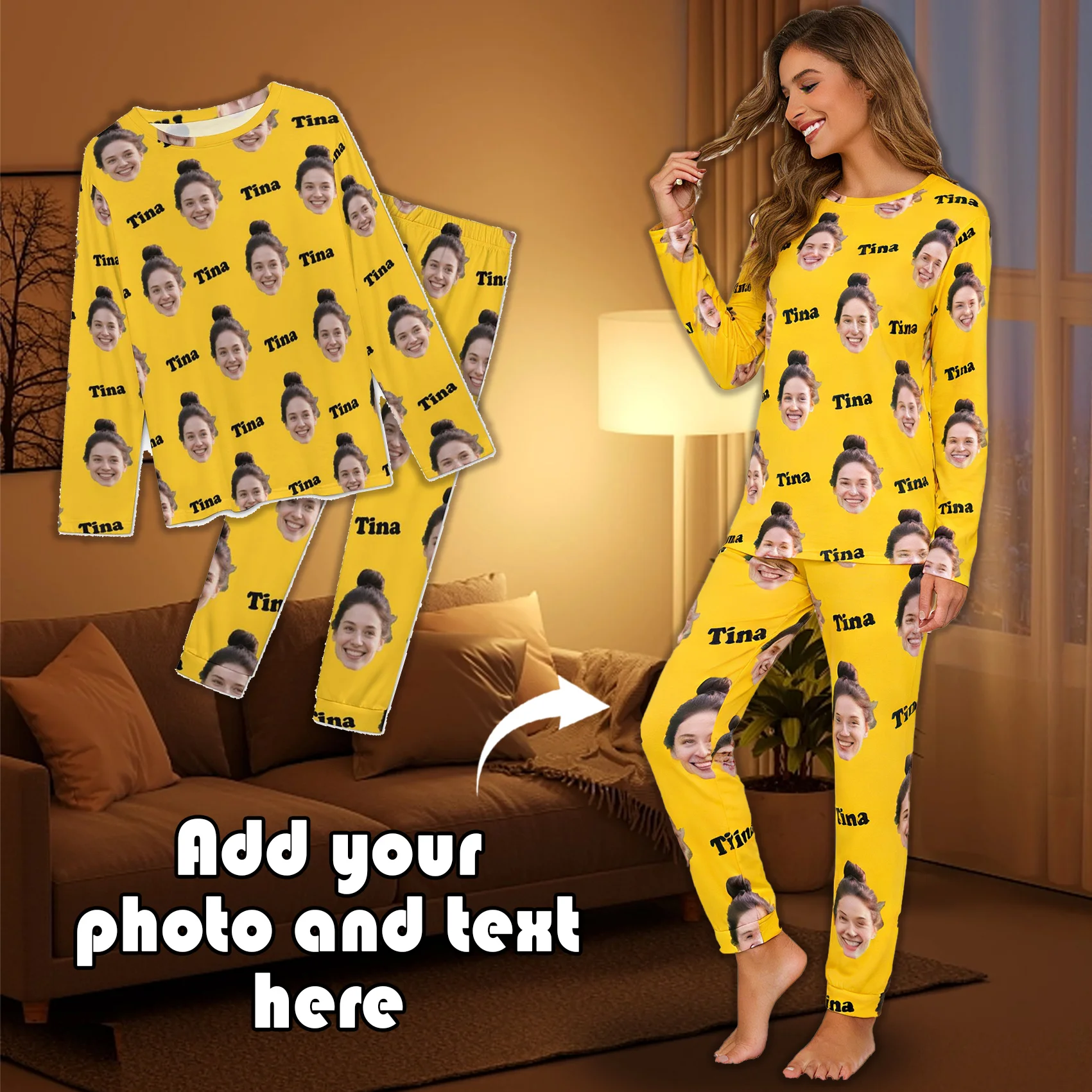 Benutzerdefiniertes Pyjama-Set mit Rundhalsausschnitt, personalisierte Bilder und Textgeschenke, Paare, Ehefrauen, Freunde, Haustiere, Familie