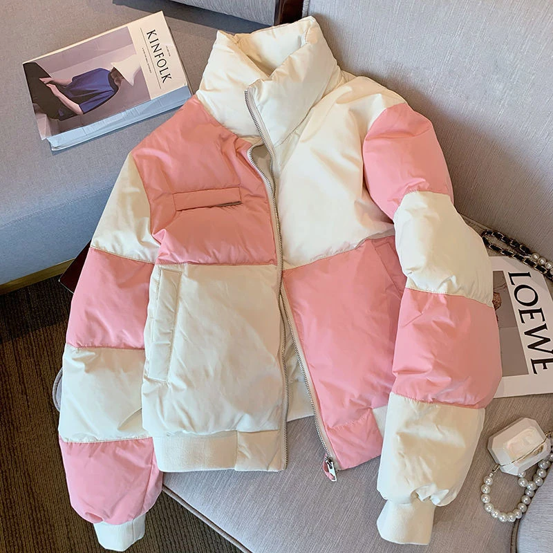 Pink and White Against Color Cell Stand Collar Down Jacket Coat Female 2024 New Autumn and Winter Models Sweet Western Style