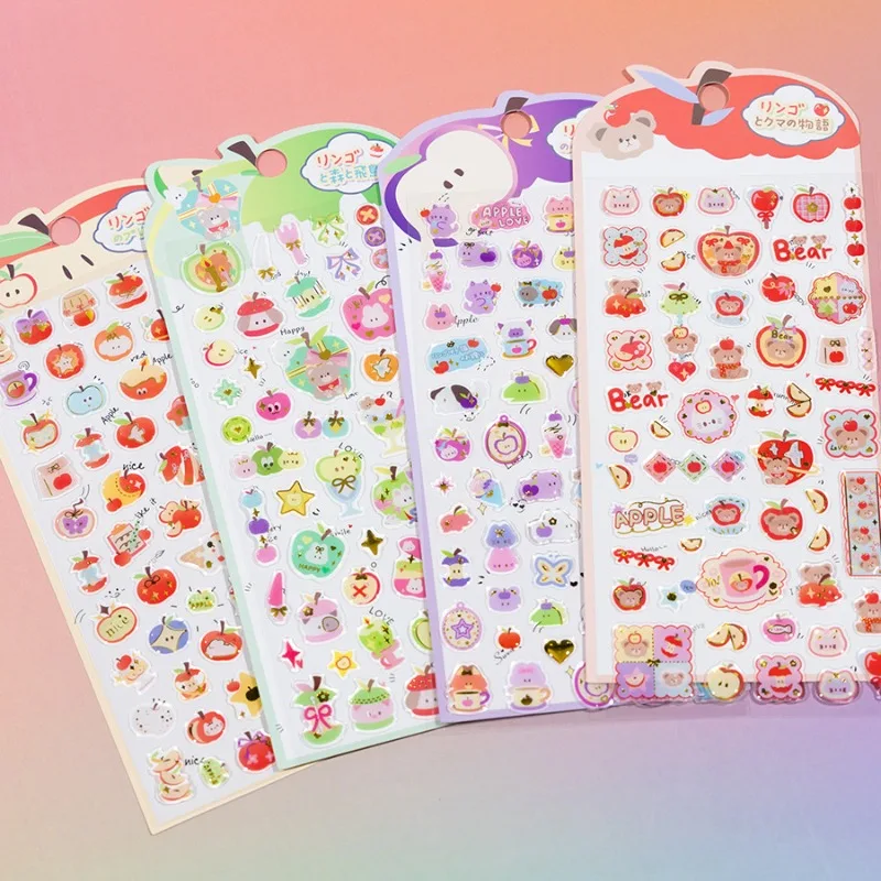 3D Crystal Apple Stickers Retro Cartoon Apple Bear Cat Vinyl Decals Cute Laptop Phone Case Decor Gift for Kids Scrapbooking