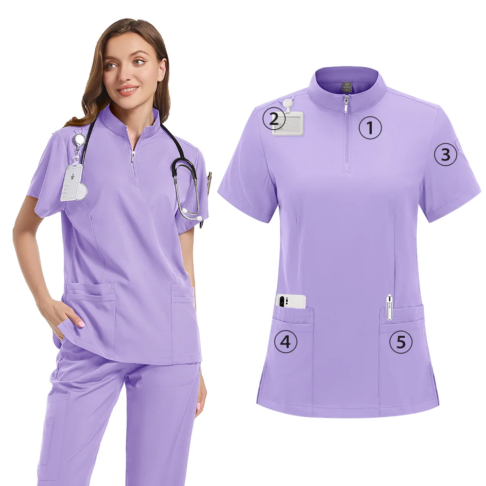 간호 유니폼 투피스 유니섹스 반바지 스크럽 세트 슬리브 포켓 탑 티 루즈 팬츠 뷰티 살롱 작업복 오버올 플러스 사이즈