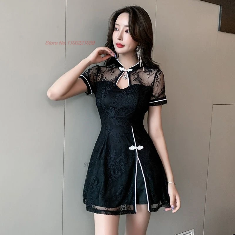 2024 traditional chinese improved qipao banquet nightclub cheongsam lace patchwork qipao dress+shorts set hotel spa work dress