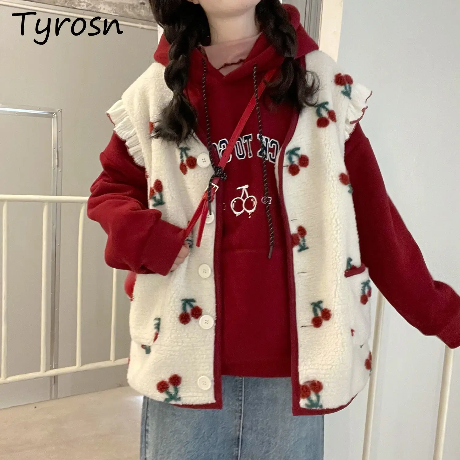 女性のフリルプリントセーター,韓国スタイルのベスト,オールマッチ,シック,甘い女の子,年齢を減らす,若者のファッション,カジュアル,居心地の良い,秋,冬