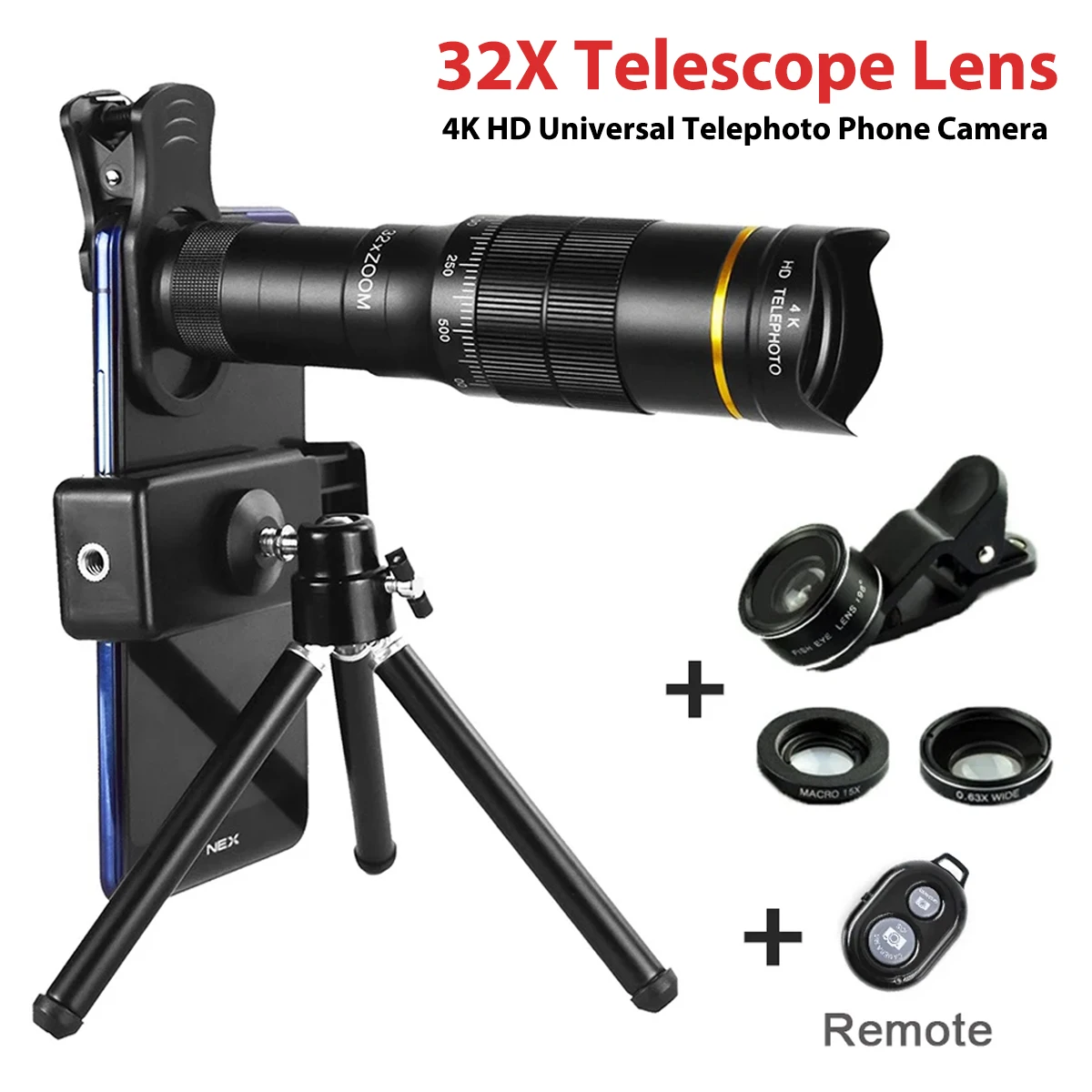 

32X Telescope Lens 4K HD Universal Telephoto Phone Camera for Smartphone 4in1 Wide Angle Fisheye Macro Lens Kit Include Tripod