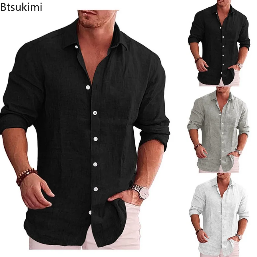New Men's Cotton Linen Long Sleeve Shirts Spring Autumn Solid Color Business Casual All Match Shirts Vacation Style Tops for Men