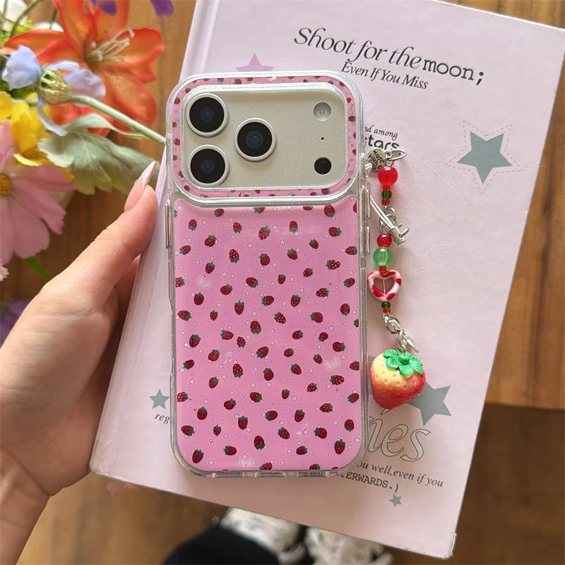 

Cute Pink Strawberry Phone Case For iPhone 17 16 15 14 Pro Max Kawaii Strawberry Charm Lanyard Protective Cover for Girls
