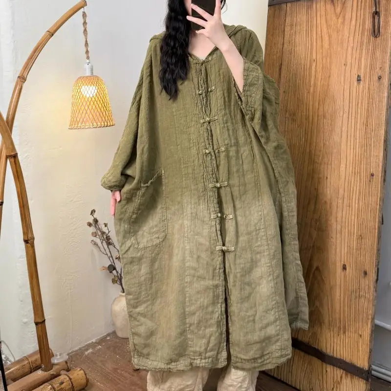 

Summer Women Single Breasted Loose Hooded Long Blouse Double Pockets Vintage Gradient Linen Batwing Sleeve Shirt Good Quality