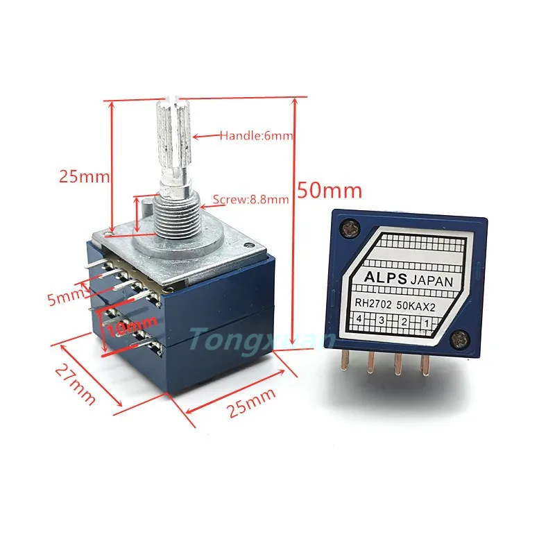 1pc RH2702 Resistance Stepping Dual-unit Channel Audio  Volume Control Potentiometer A50Kx2 A100Kx2 A250Kx2 8Pins 25mm Plum Axis