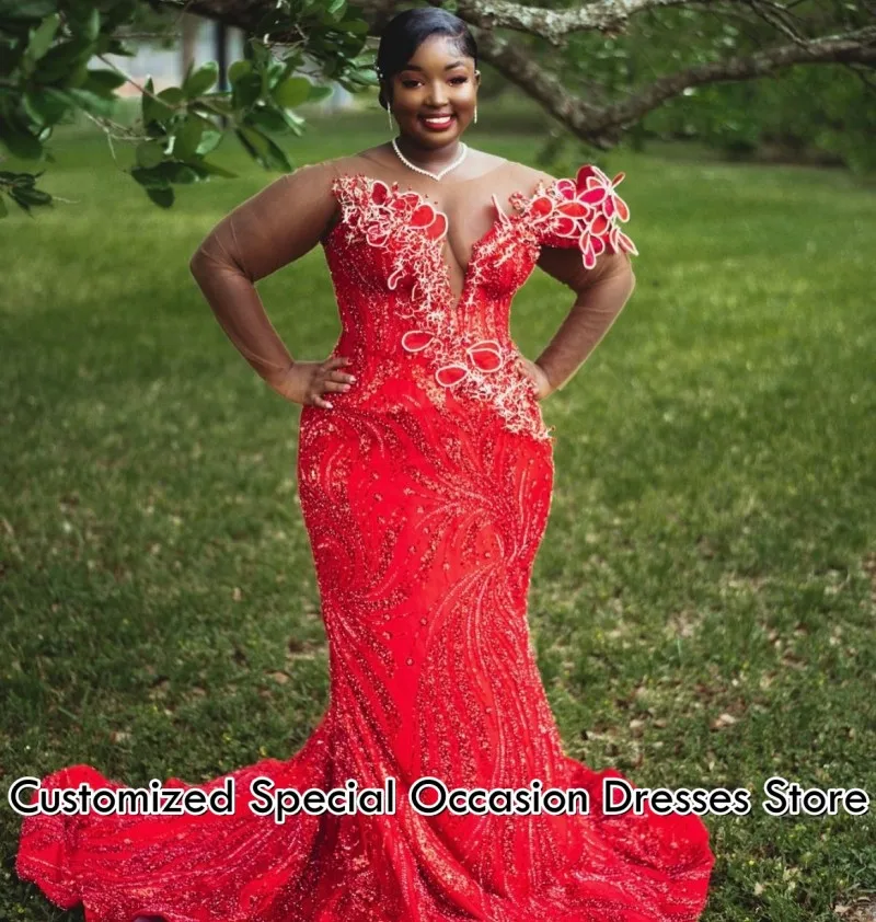 Sexy Red Prom Dresses 2026 V Neck Illusion Mermaid Party Dress Sequins Flowers Black Girls African Evening Gowns Customized