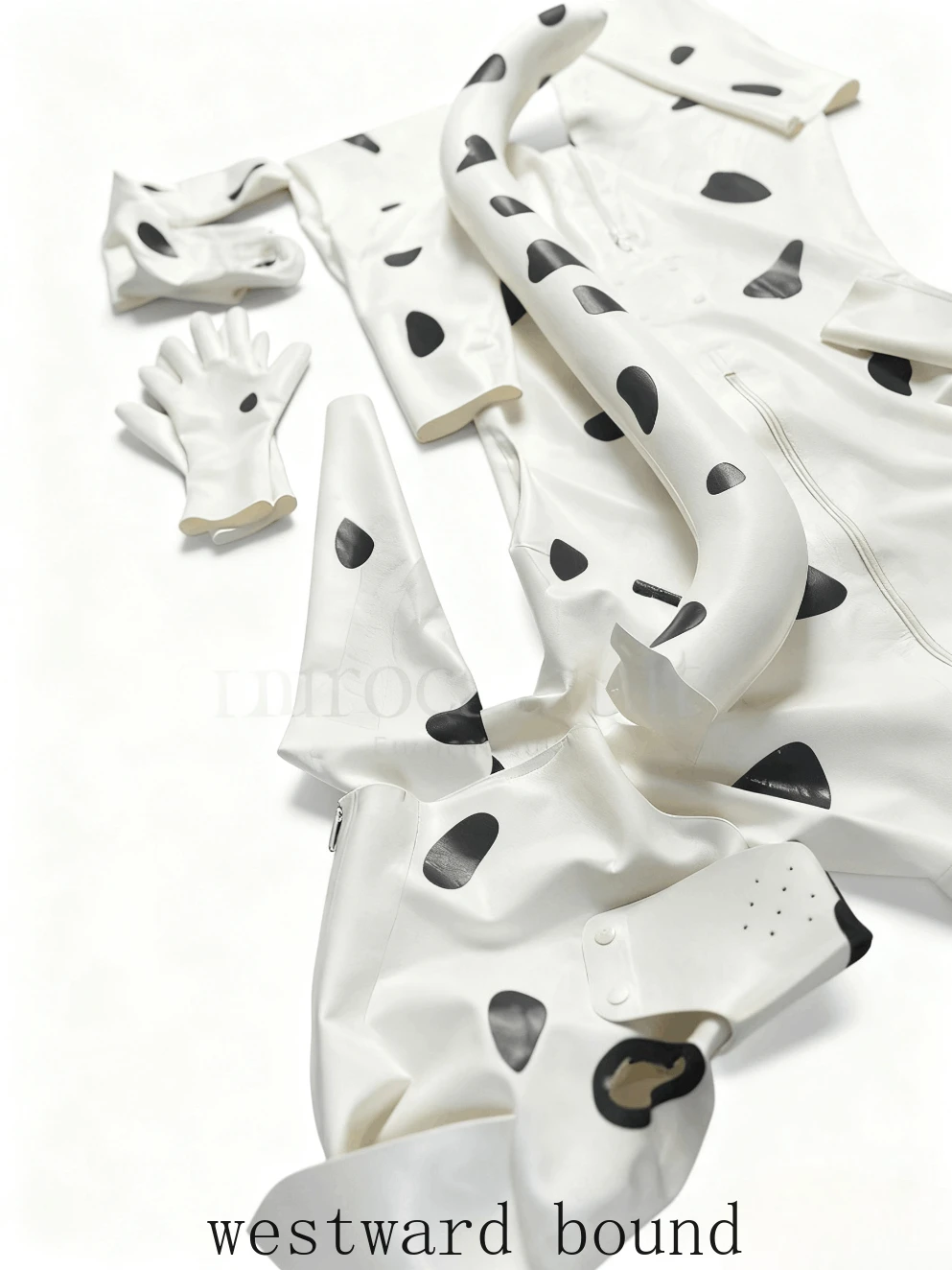 

Резиновый комбинезон по индивидуальному заказу, комплект белого латексного костюма с черными пятнами, перчатки с хвостом, аксессуары, клубная одежда для косплея в стиле животных