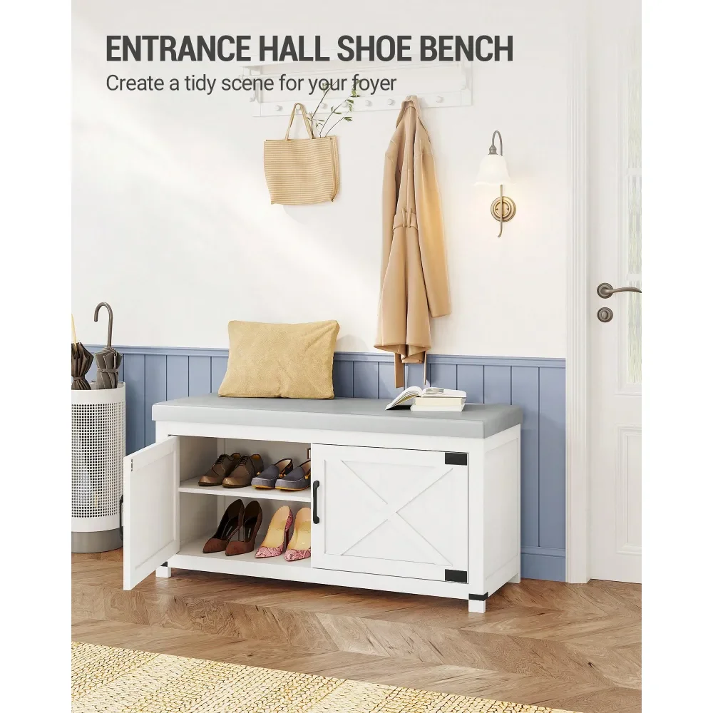 

Farmhouse Shoe Storage Bench, 2 Tier Shoe Bench With Padded Seat Cushion 2 Barn Doors, Entryway Bench With Adjustable Shelf, Sh