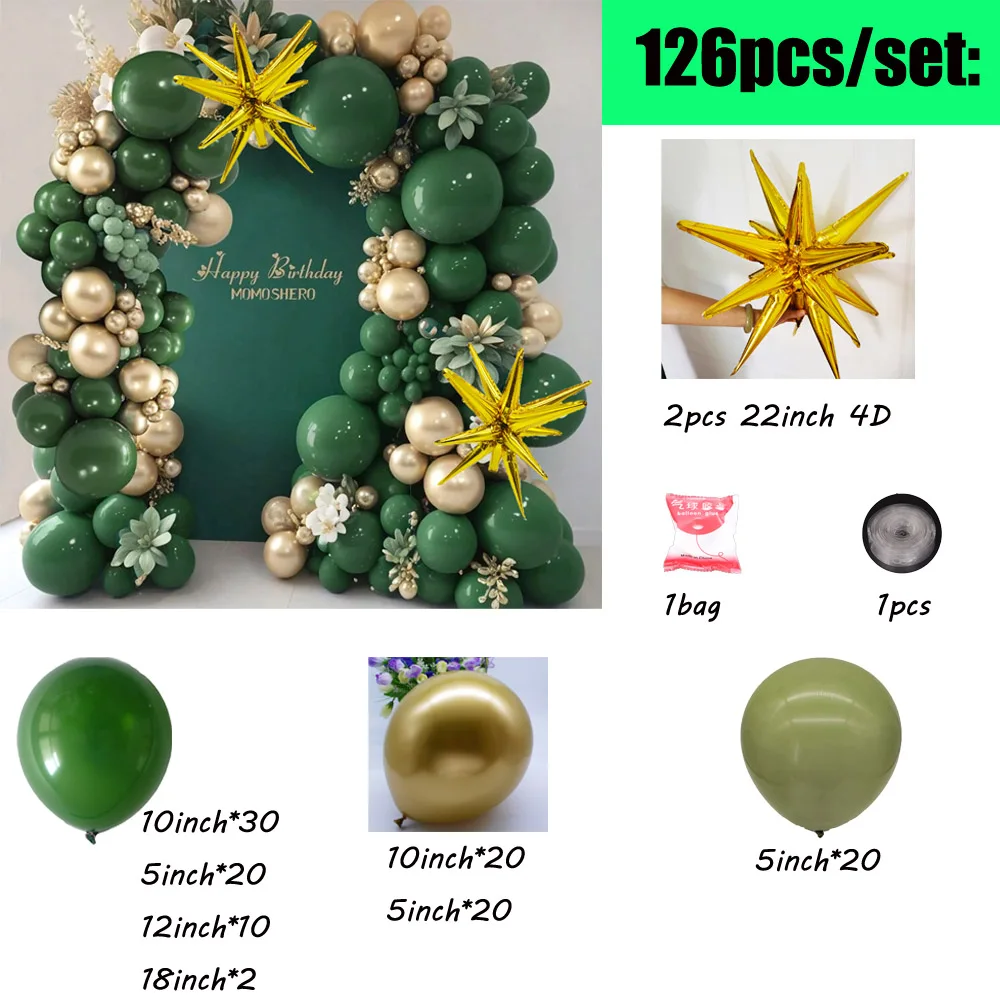 126pcs Dark Green Metallic Gold Balloons Arch Garland Kit Exploding Star Foil Balls For Wild One Birhday Party Wedding Decoras