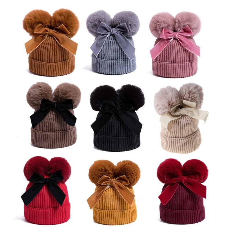 

Baby Hat Winter Knitted Child Thickening Child Baby Double Ball Bow Child