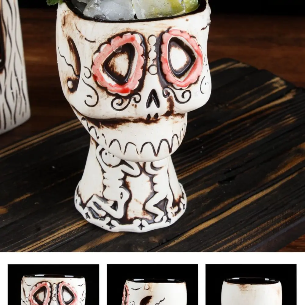 Creative Ceramic Tiki Mug Vintage Skull Face Cocktail Glass Exotic Hawaiian Style Beverage Cup For Bar Party Supply