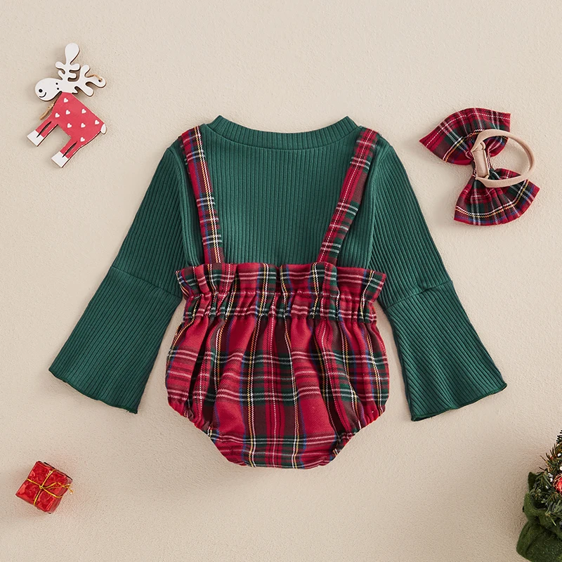 2024-08-20 Lioraitiin Baby Girl Christmas Outfit Long Sleeve Mock Neck Ribbed Tops Plaid Ruffle Trim Overalls Romper 2PCS Set