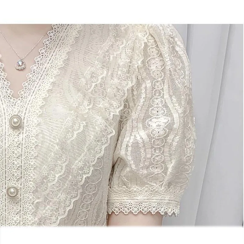 Summer Elegant Female V-Neck Short Sleeve Lace Blouse Commute Solid Color Fashion Button Spliced Slim Shirt Women\'s Clothing