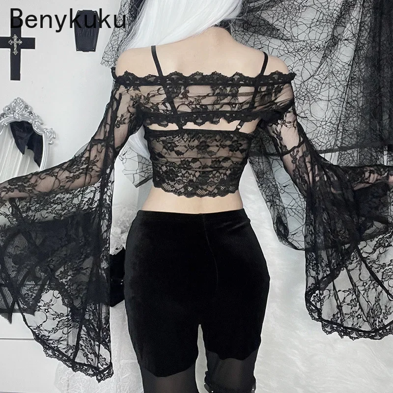 Goth Long Sleeve Smock Vintage Black Lace One Shoulder Grudge Aesthetic Overall Y2K Clothes Luxury Coquette Party Sexy Crop Top