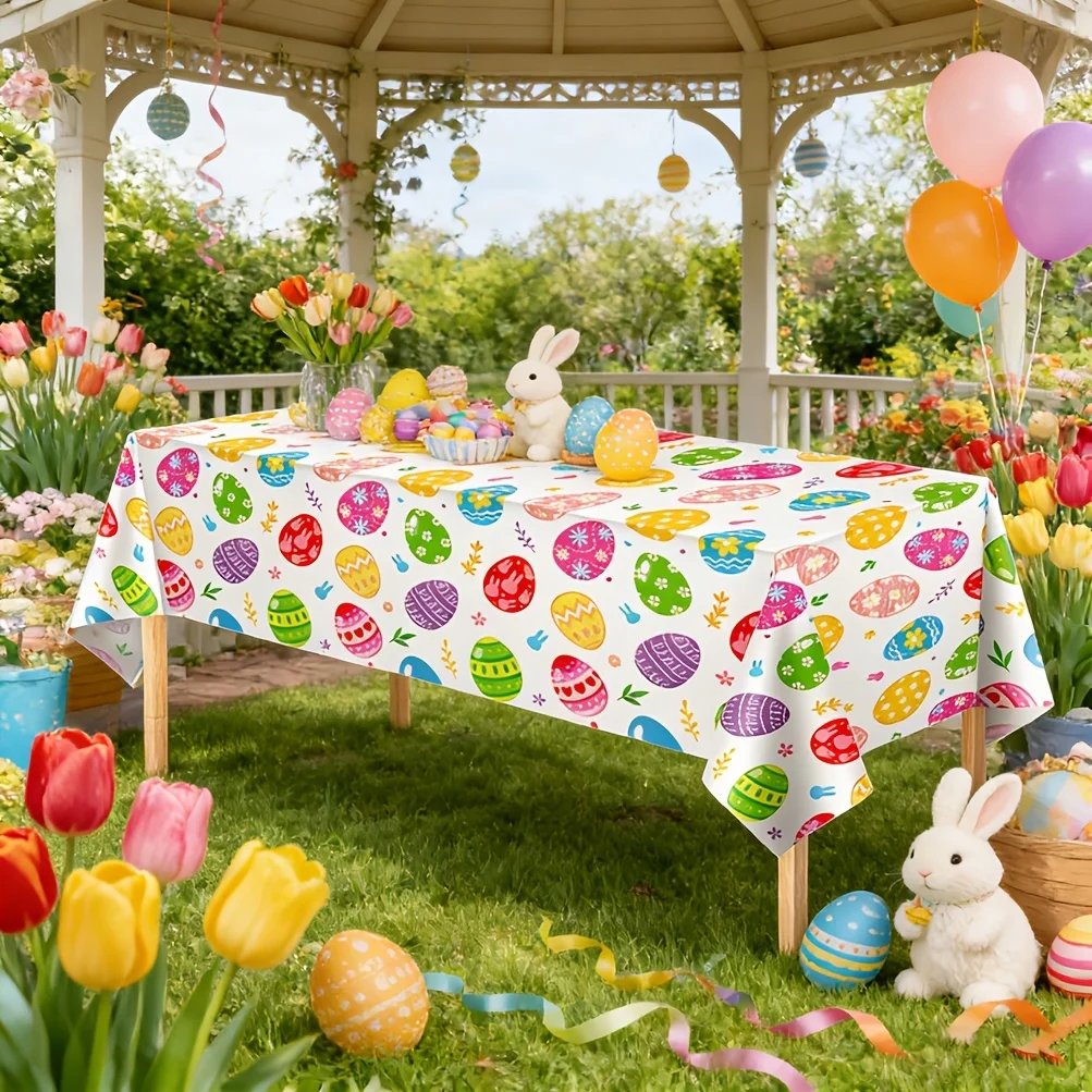 1Pc Easter Tablecloth Watercolor Easter Eggs Plastic Tablecloth Disposable Rectangular Spring Floral Table Cover for Indoor Outd
