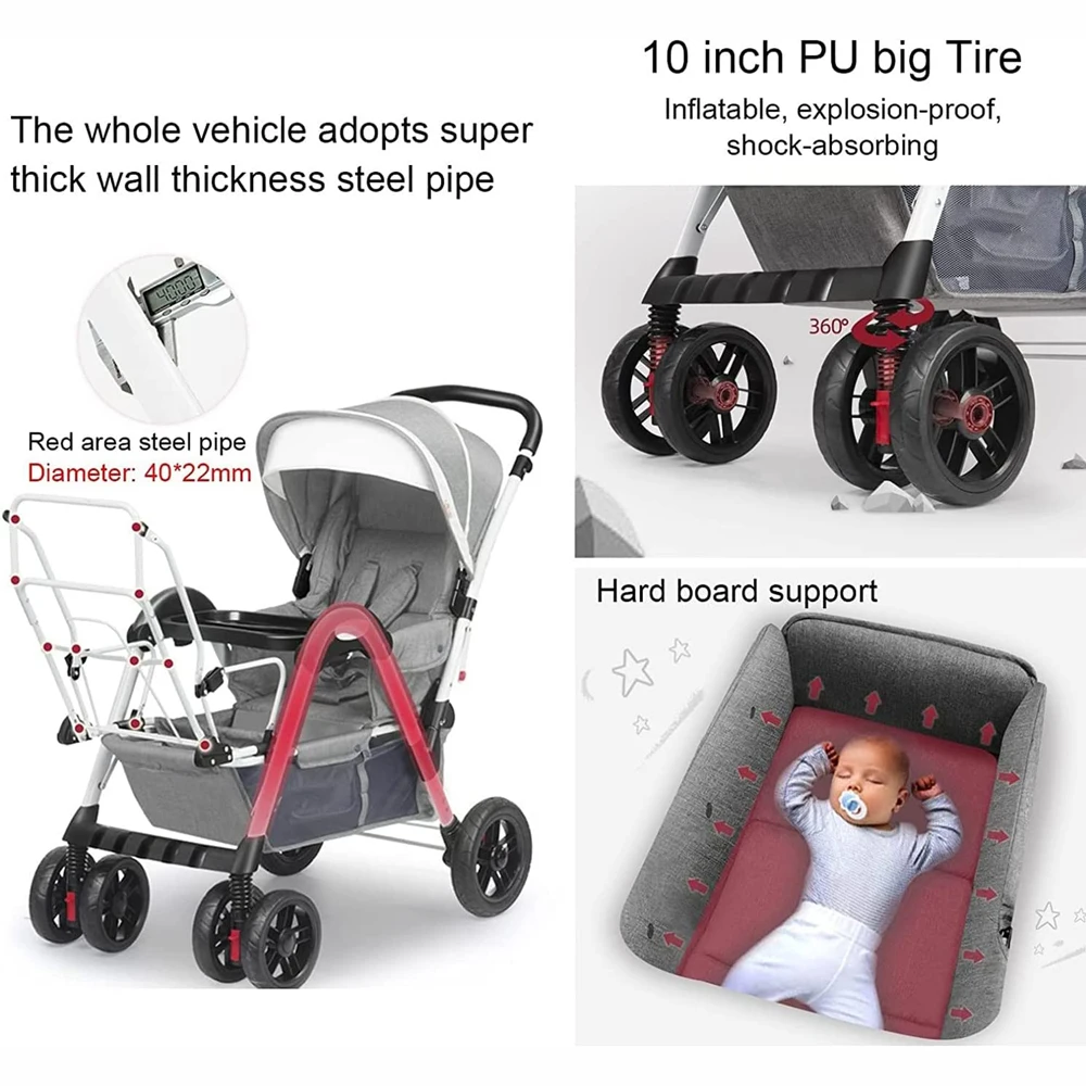 Tandem Double Stroller for Infant and Toddler, Aluminum Frame Twins Stroller, High Landscape Toddler Stroller Face to Face