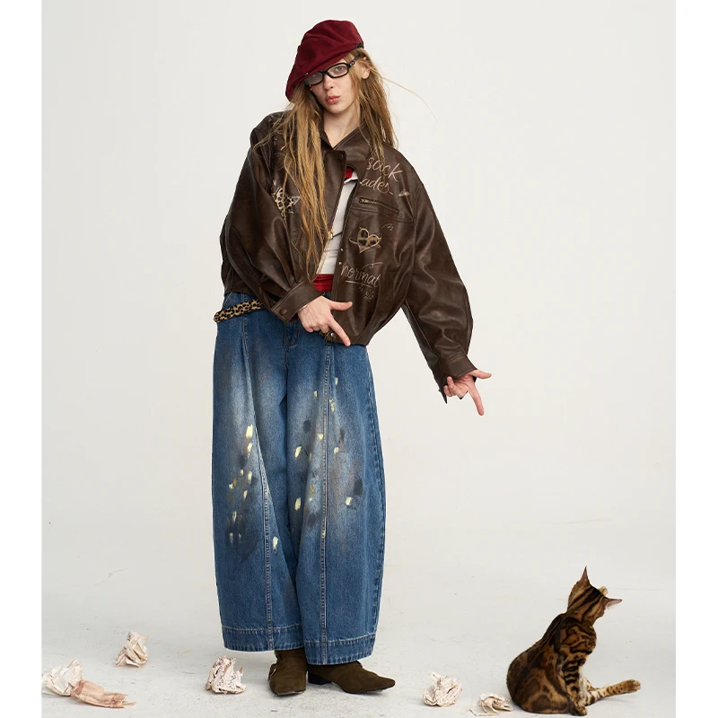 ELFSACK Women Y2K Wide‑Leg Denim Pants with Splatter Print Loose High‑rise Baggy Jeans for Casual Streetwear