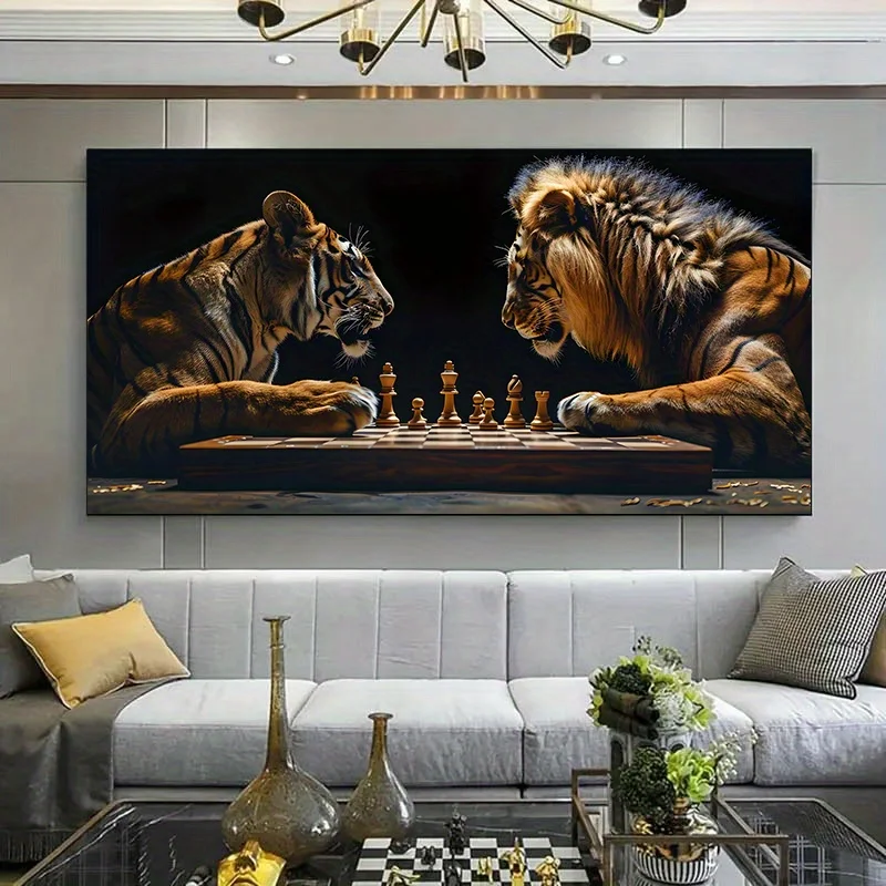 Arte en lienzo grande sin marco |   Majestoso escena de ajedrez de tigres y leones, decoración de pared moderna para sala de estar y dormitorio, anim intrincado