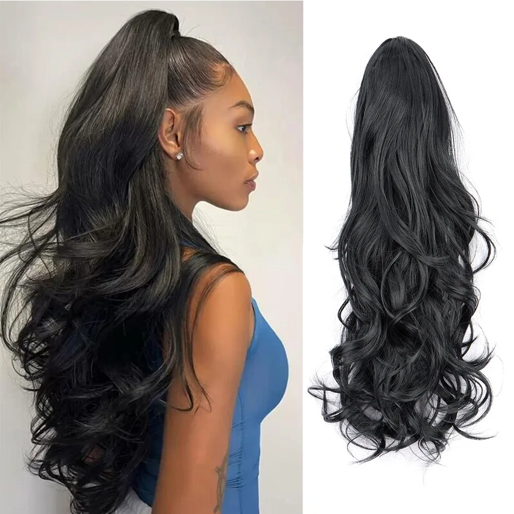 22INCH Synthetic  Long Wavy Curly Layered Ponytail Drawstring Clip in Hairpiece Black Blonde Hair for Women