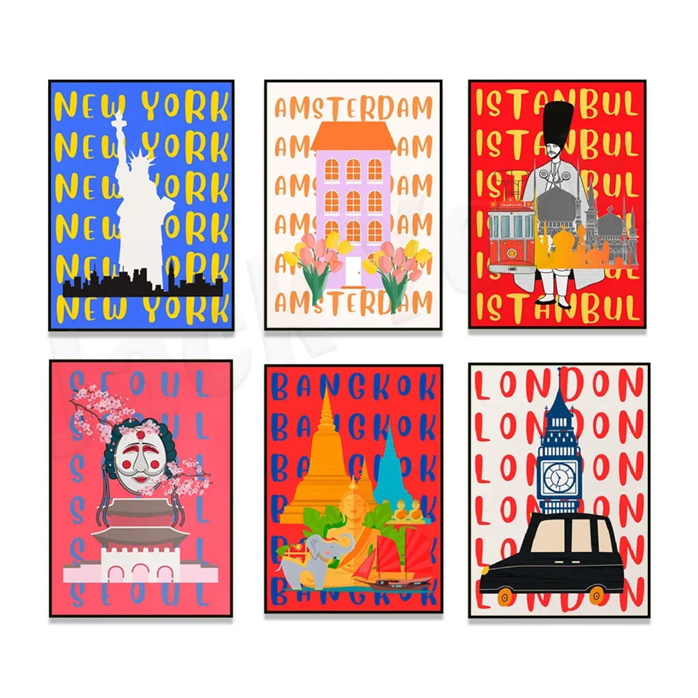 Travel posters in Seoul, South Korea, New York, USA, Amsterdam, London, England, Istanbul, Turkey, Bangkok, Thailand