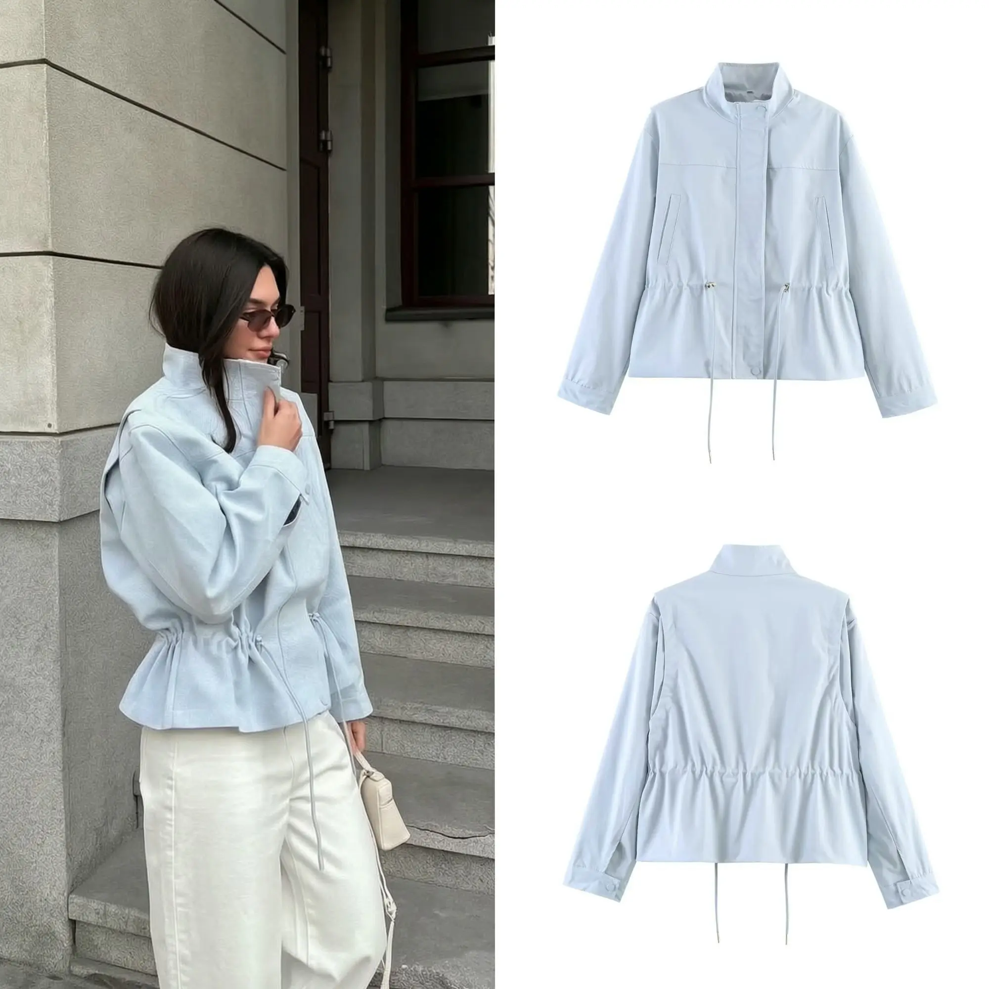 European and American Fashion New Stand-up Collar Jacket Femininity Slim Drawstring Waist Jacket